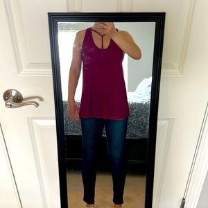 We The Free Tank Top. Burgundy, Soft Fabric. Cross Detail to Neckline. Size S.